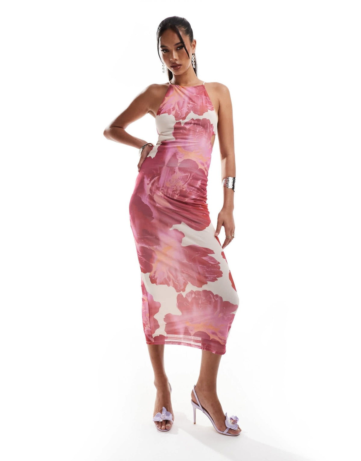 ASOS DESIGN halter midi dress with extreme cut out back detail in pink floral - ASOS Sample Sale