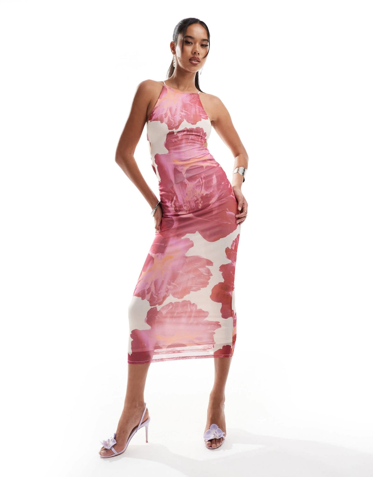 ASOS DESIGN halter midi dress with extreme cut out back detail in pink floral - ASOS Sample Sale