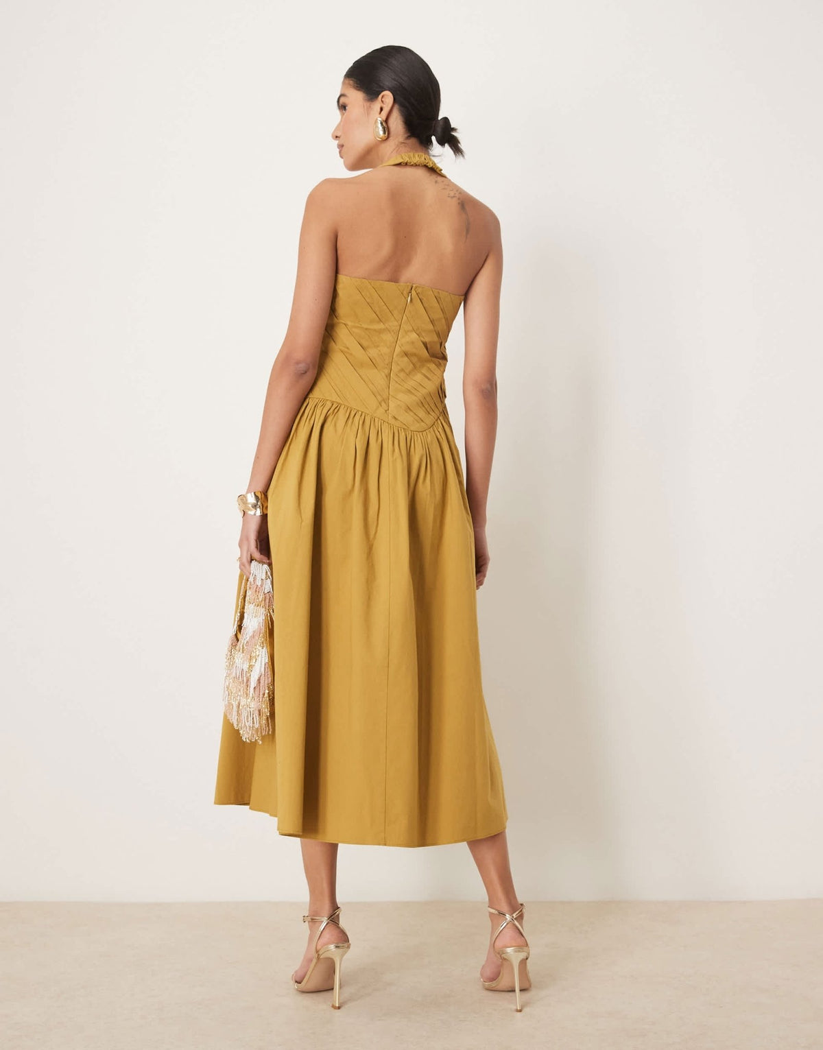 ASOS DESIGN halter neck asymmetric pleat bodice midi sundress with dropped waist in turmeric - ASOS Sample Sale