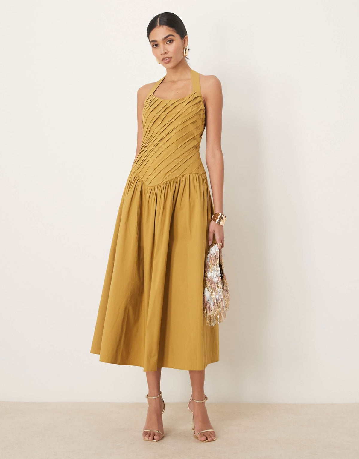 ASOS DESIGN halter neck asymmetric pleat bodice midi sundress with dropped waist in turmeric - ASOS Sample Sale