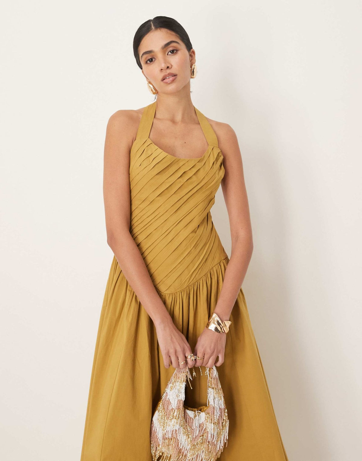 ASOS DESIGN halter neck asymmetric pleat bodice midi sundress with dropped waist in turmeric - ASOS Sample Sale