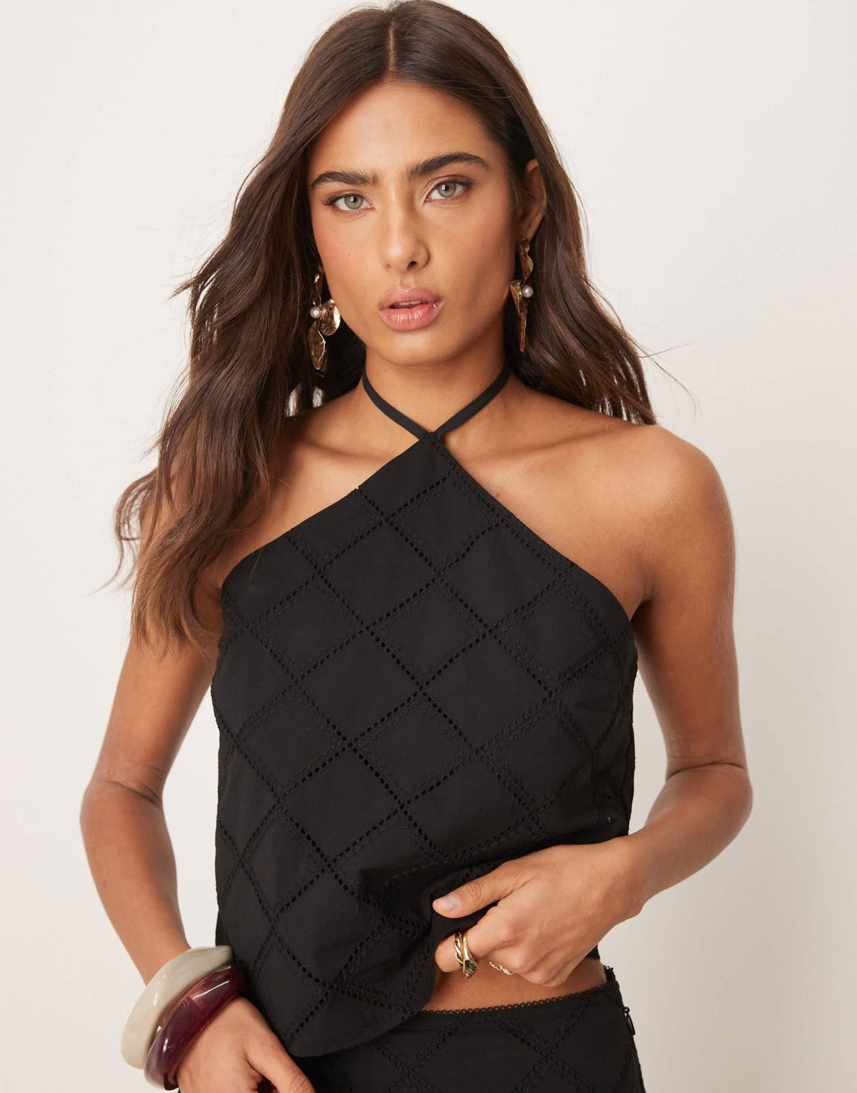 ASOS DESIGN halter neck crop top co-ord with geo cutwork in black ...