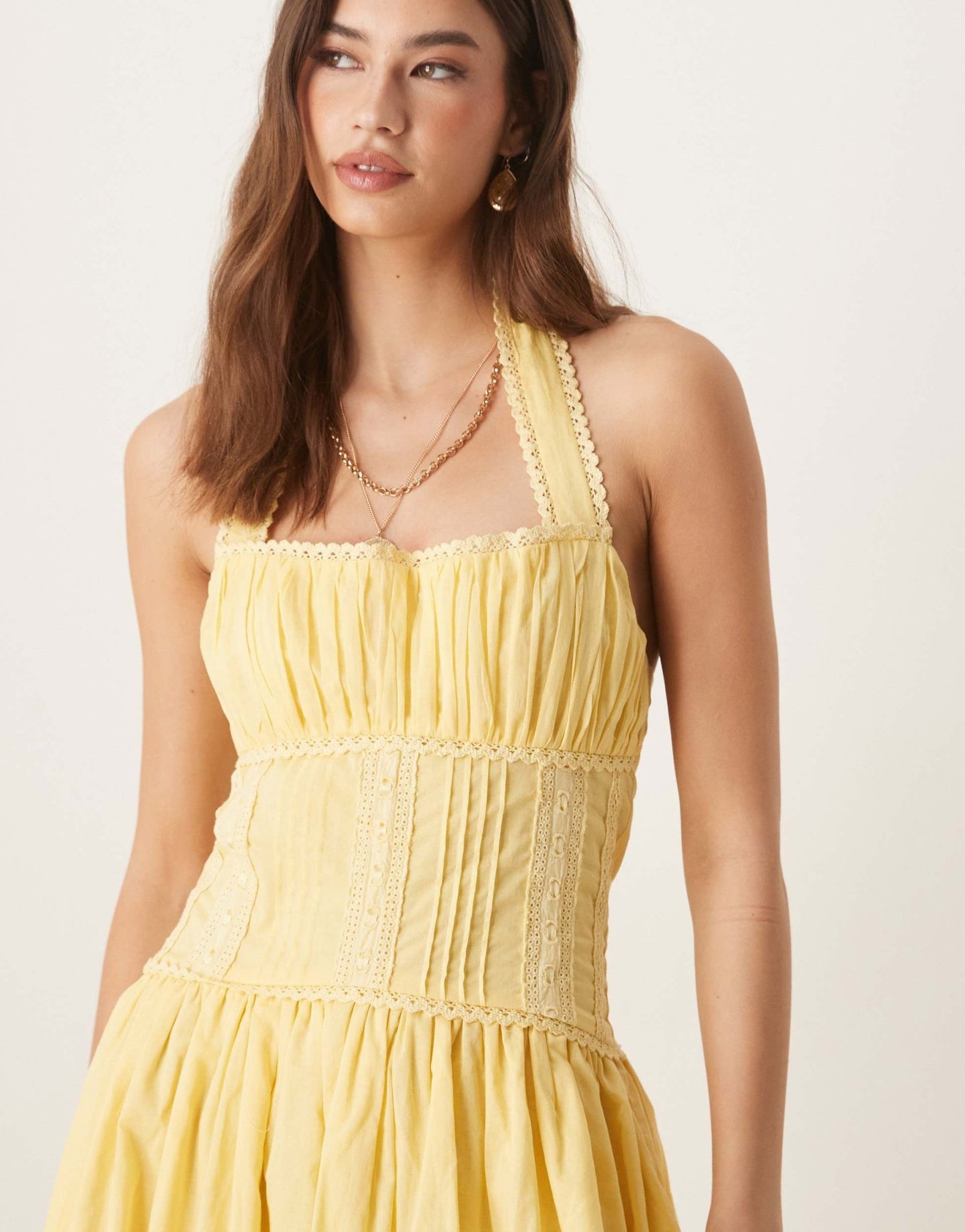 ASOS DESIGN halter neck lace prairie dress with pintucks in lemon - ASOS Sample Sale