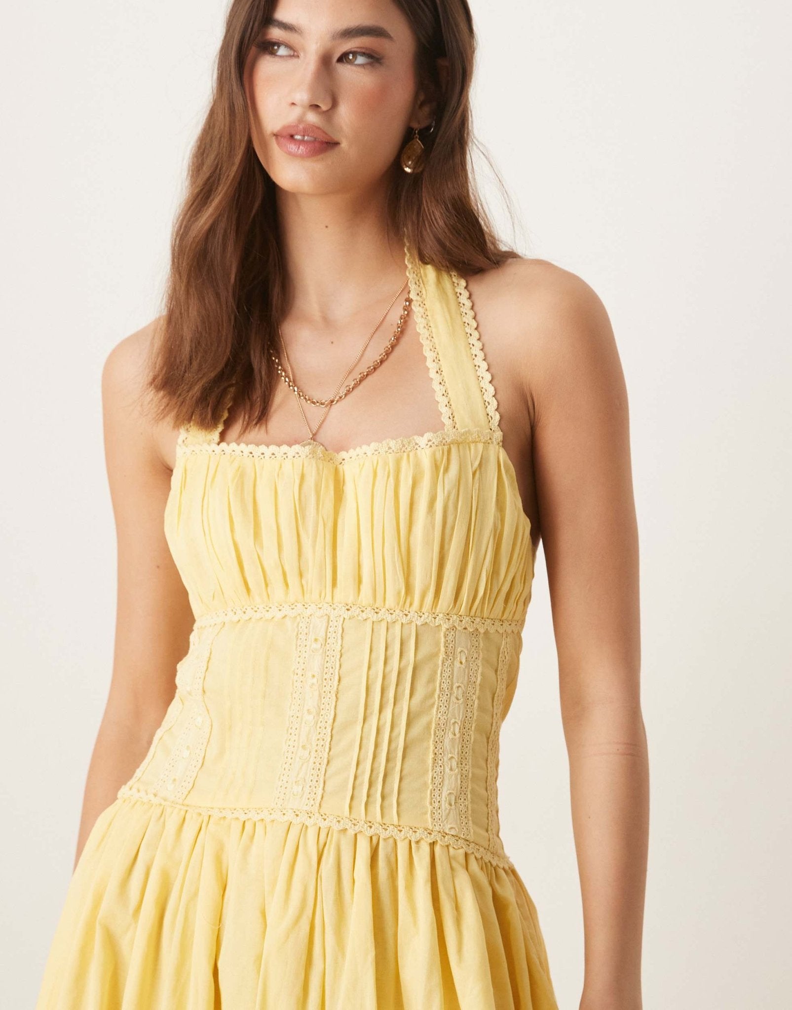 ASOS DESIGN halter neck lace prairie dress with pintucks in lemon - ASOS Sample Sale