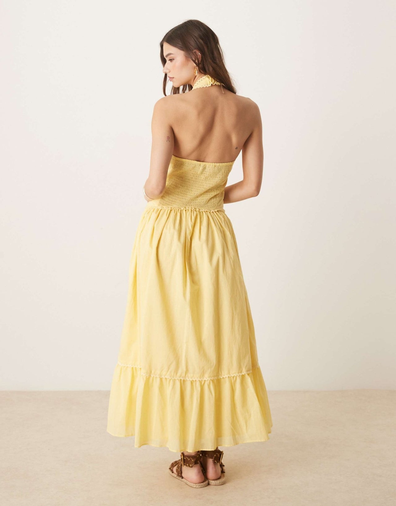 ASOS DESIGN halter neck lace prairie dress with pintucks in lemon - ASOS Sample Sale