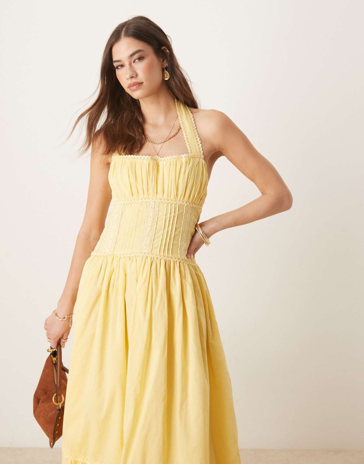 ASOS DESIGN halter neck lace prairie dress with pintucks in lemon - ASOS Sample Sale