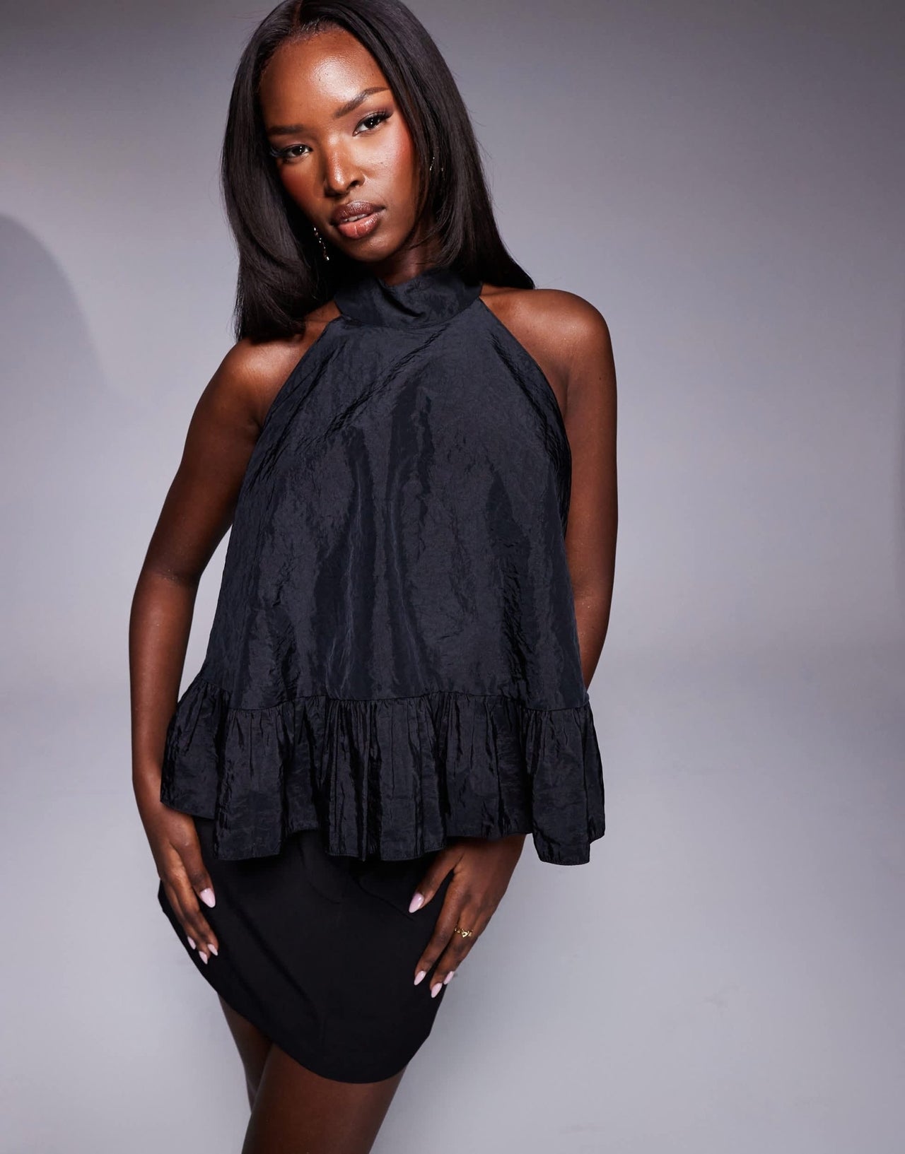 ASOS DESIGN halter neck ruffle hem taffeta smock top in black - ASOS Sample Sale