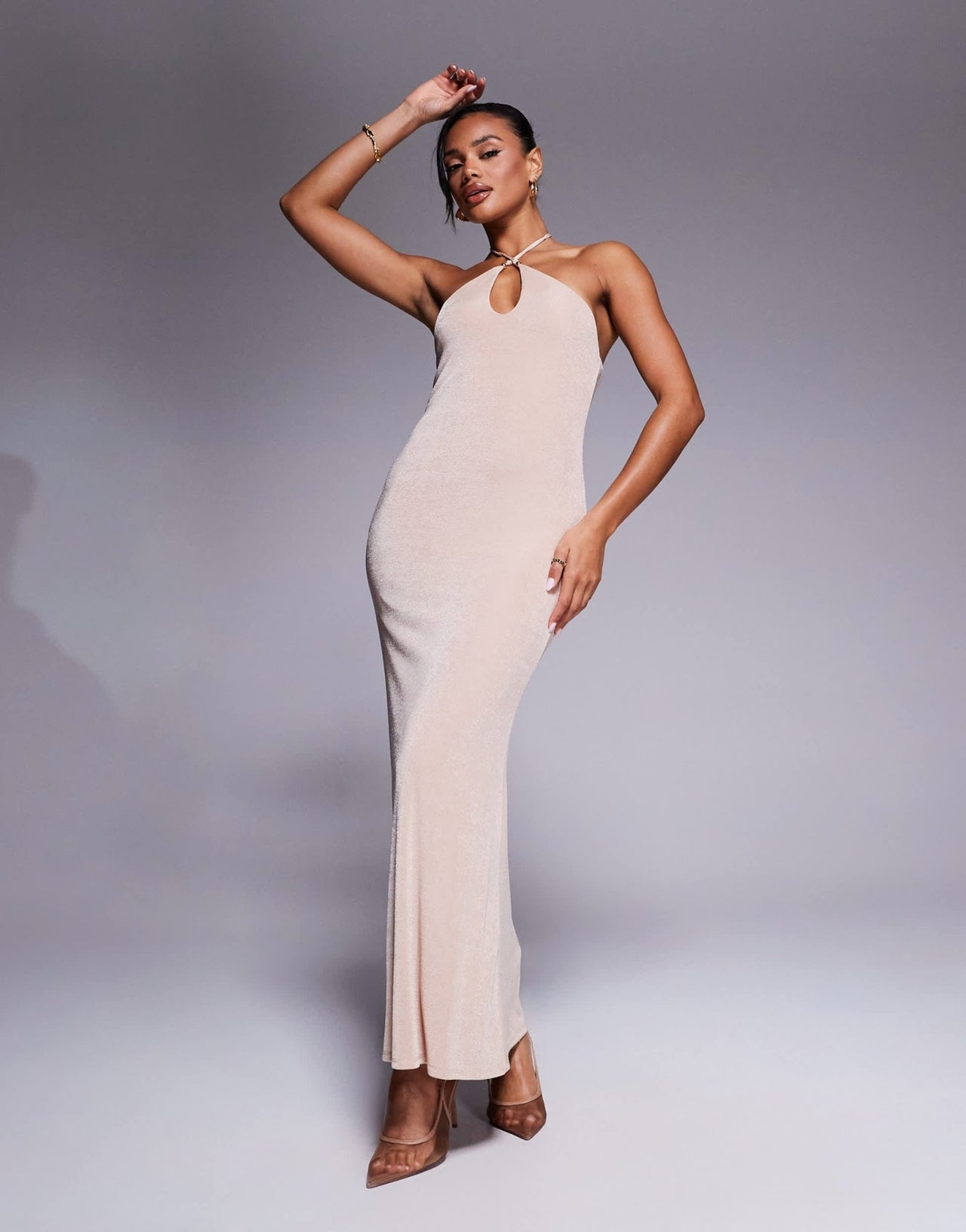 ASOS DESIGN halter neck with bead details maxi dress in champagne - ASOS Sample Sale