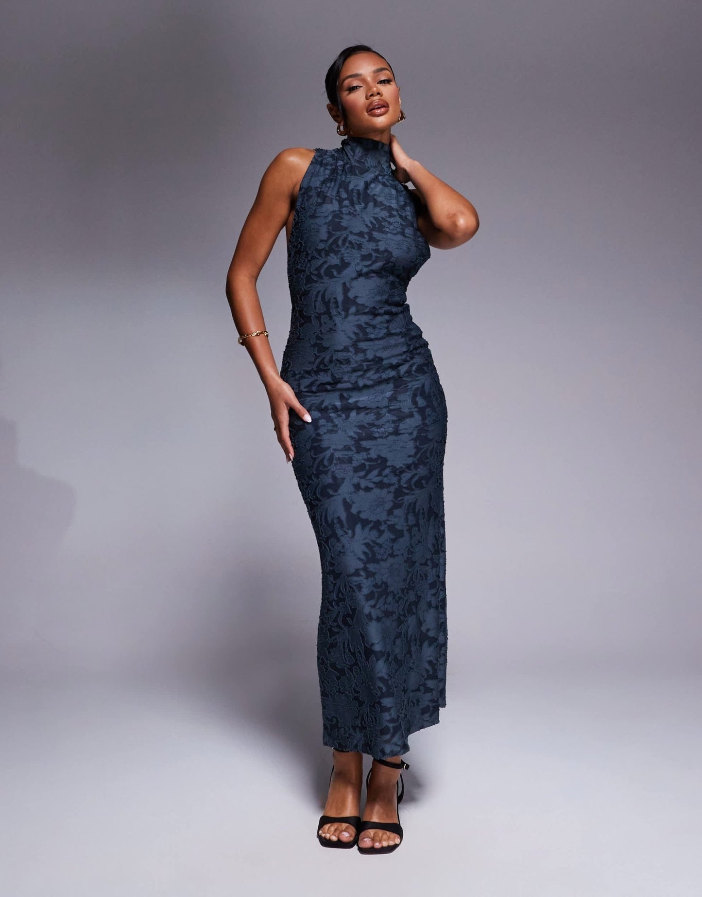 ASOS DESIGN halter neck with open back with drape detail devore maxi dress in blue - ASOS Sample Sale