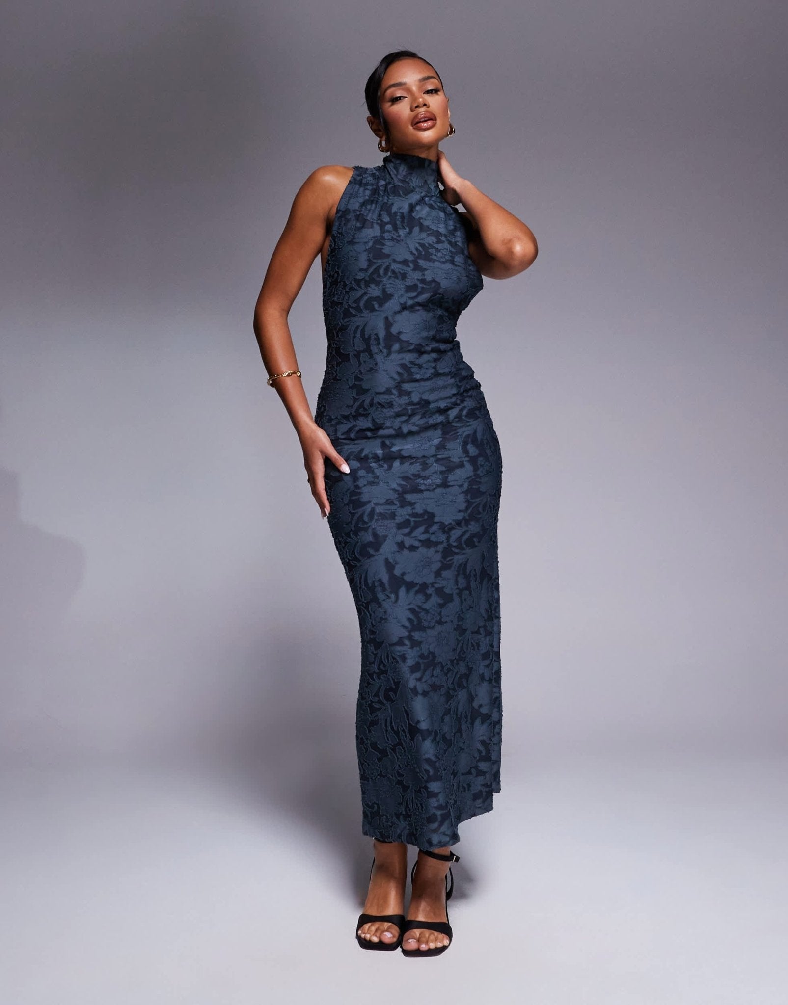 ASOS DESIGN halter neck with open back with drape detail devore maxi dress in blue - ASOS Sample Sale