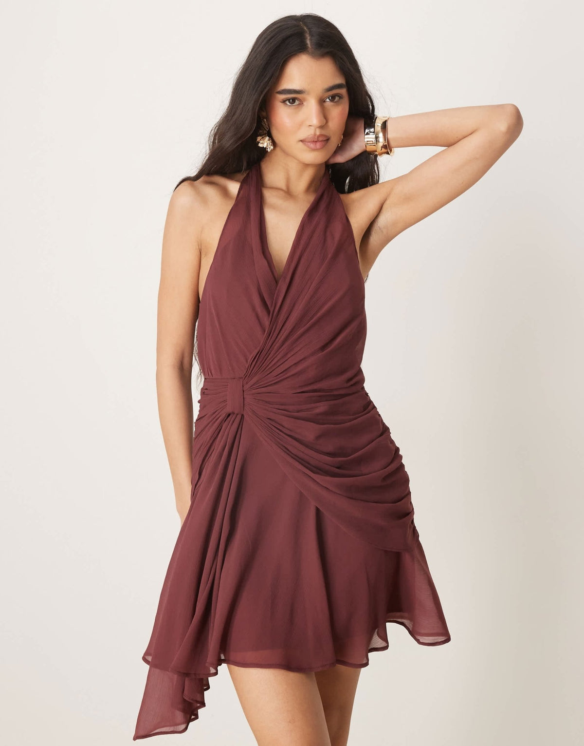 ASOS DESIGN halter plunge mini dress with drape detail in chocolate brown - ASOS Sample Sale