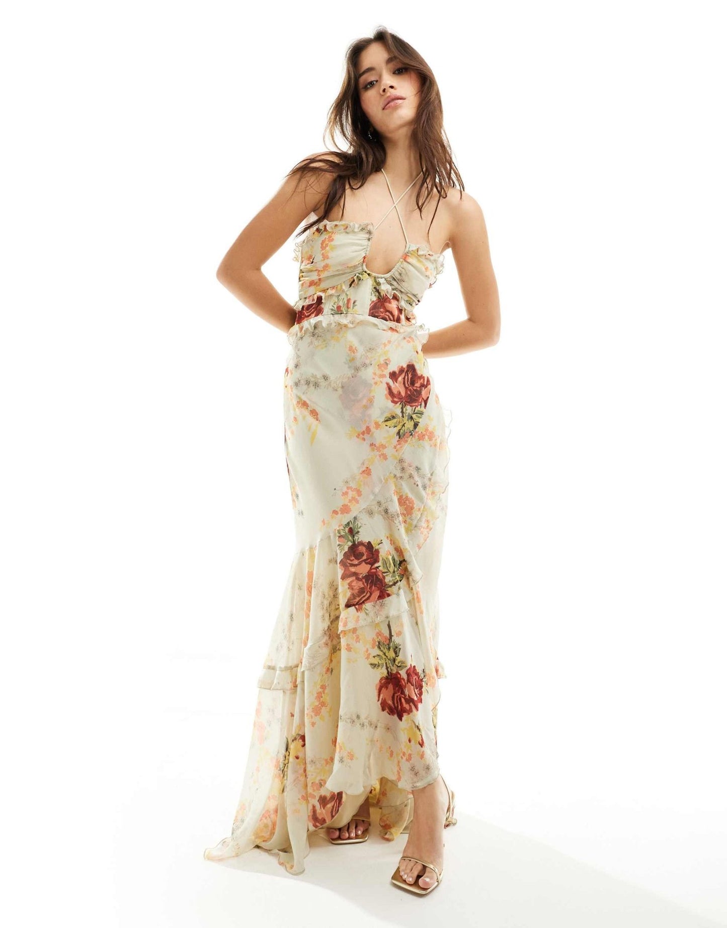ASOS DESIGN halter ruffle maxi dress with high low hem in cream floral print - ASOS Sample Sale