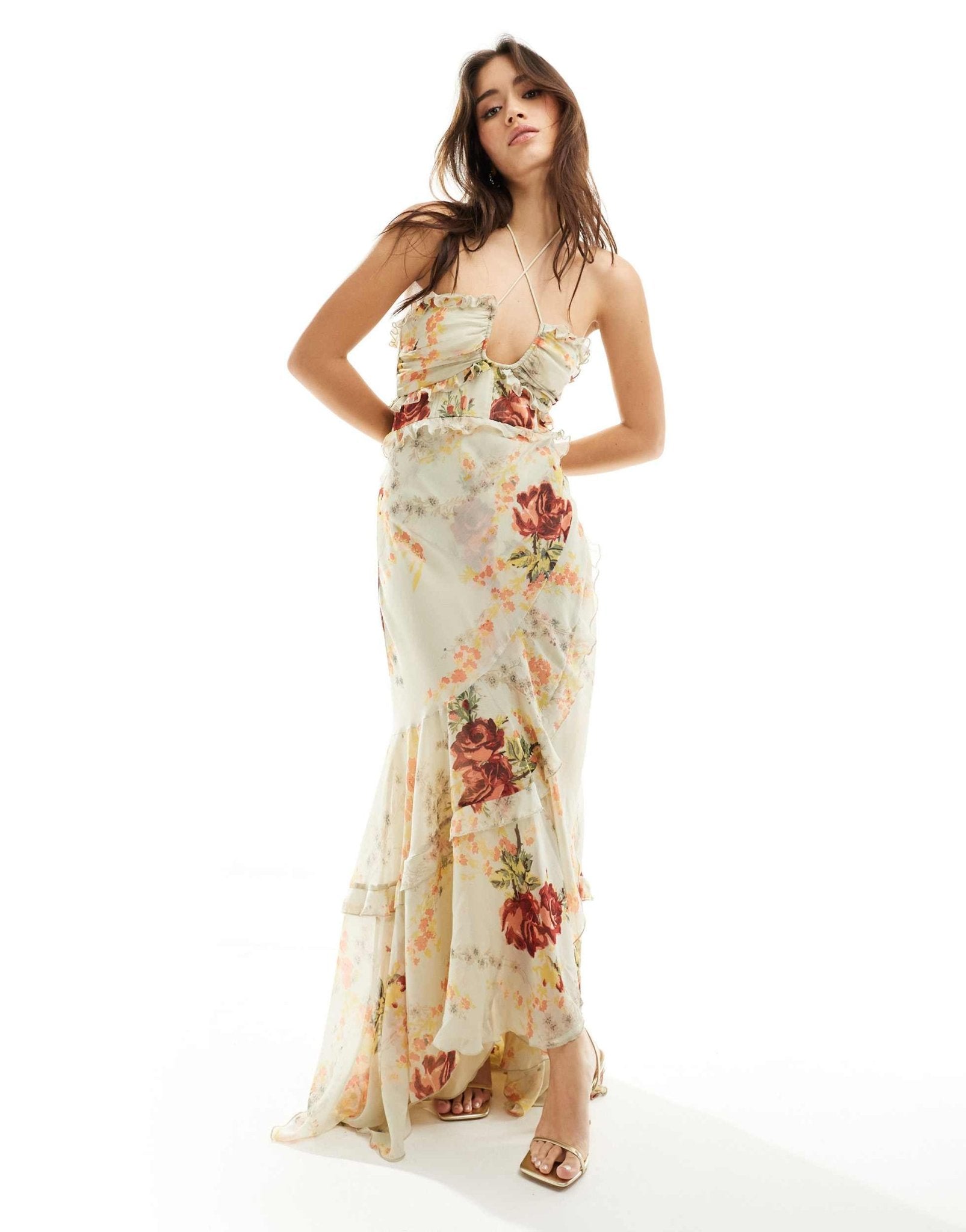 ASOS DESIGN halter ruffle maxi dress with high low hem in cream floral print - ASOS Sample Sale