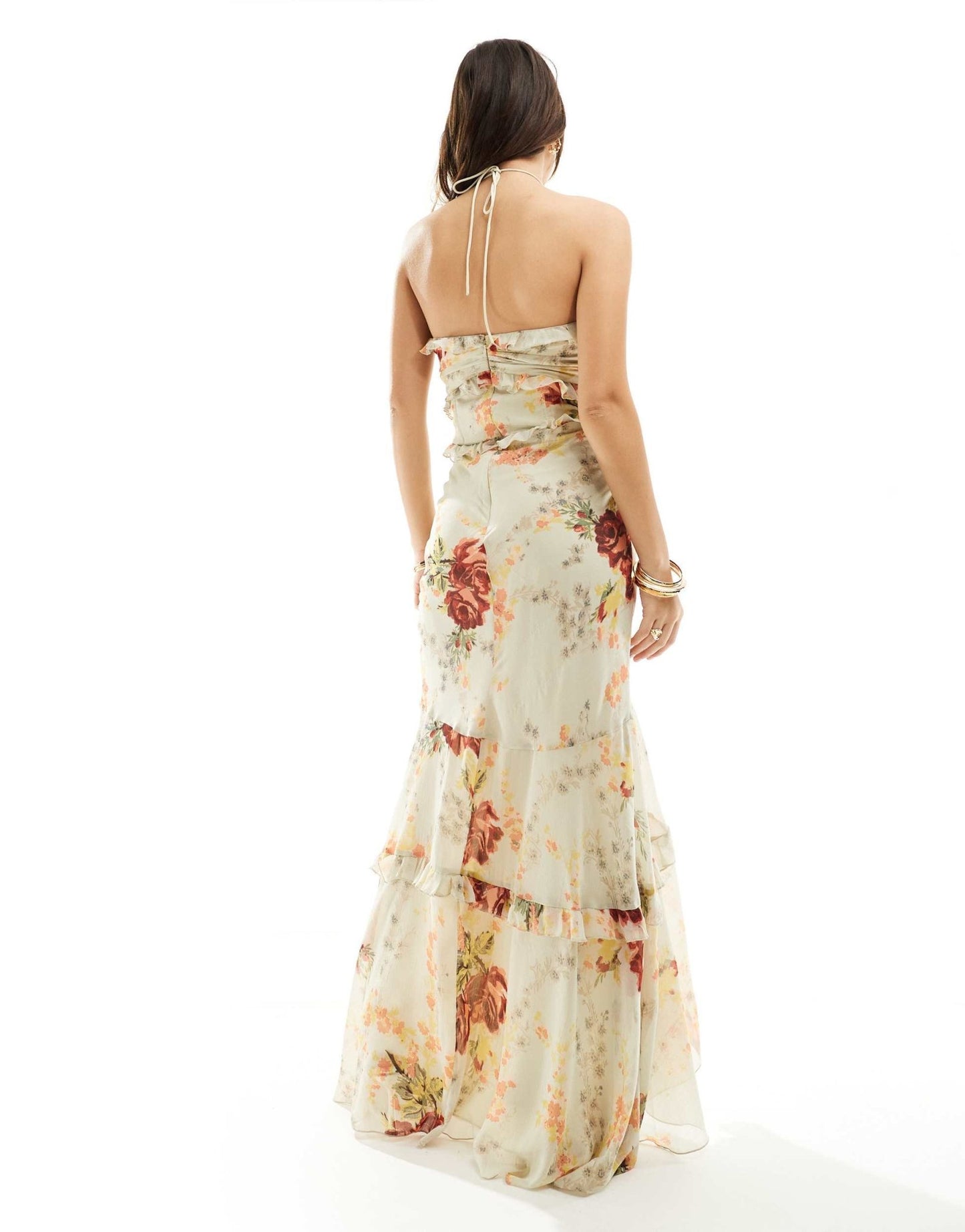 ASOS DESIGN halter ruffle maxi dress with high low hem in cream floral print - ASOS Sample Sale