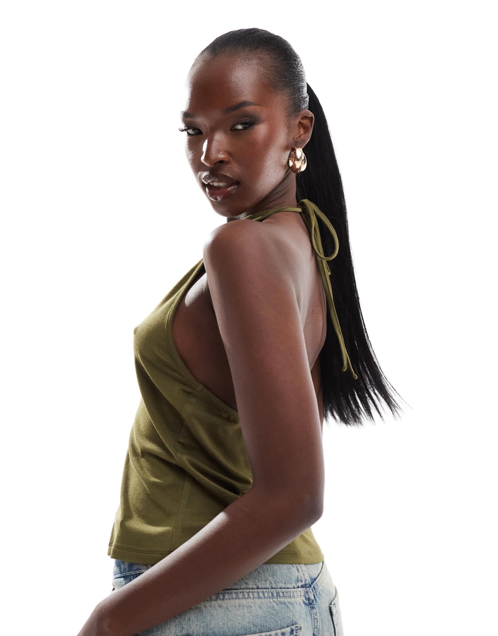 ASOS DESIGN halter top with cut out detail in khaki - ASOS Sample Sale