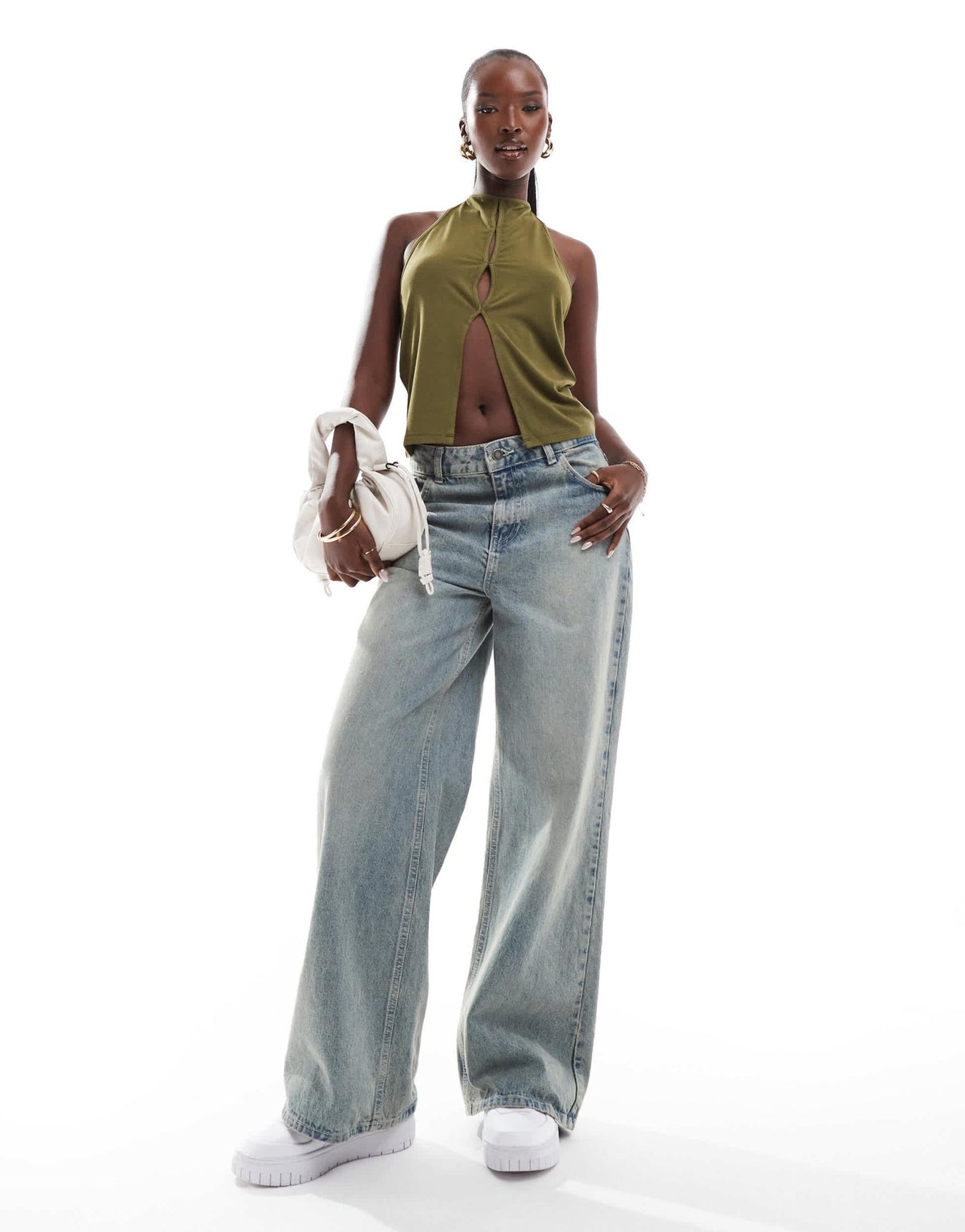 ASOS DESIGN halter top with cut out detail in khaki - ASOS Sample Sale