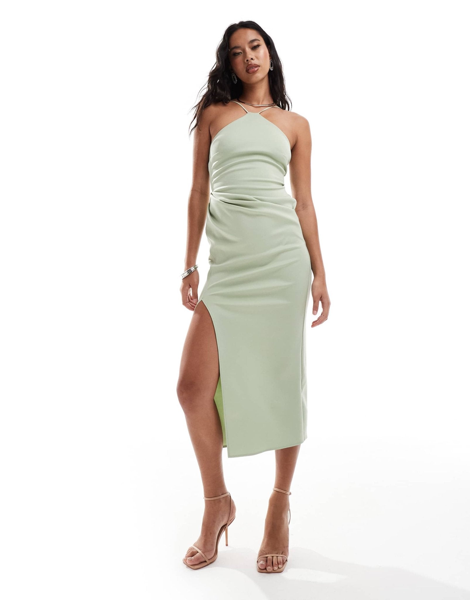 ASOS DESIGN halterneck midi dress with wrap skirt in sage green - ASOS Sample Sale