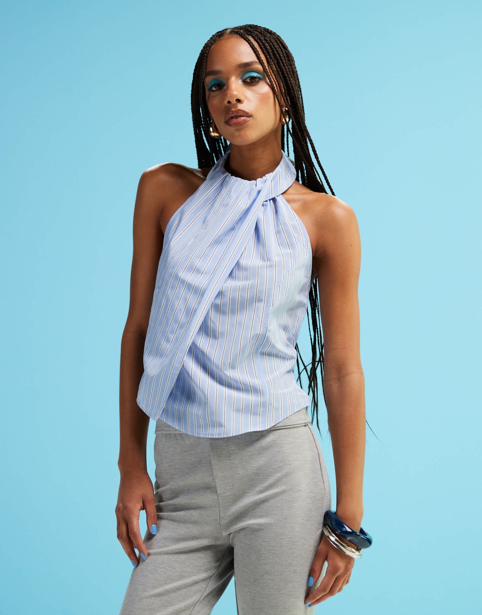 ASOS DESIGN halterneck tie back poplin top in stripe - ASOS Sample Sale