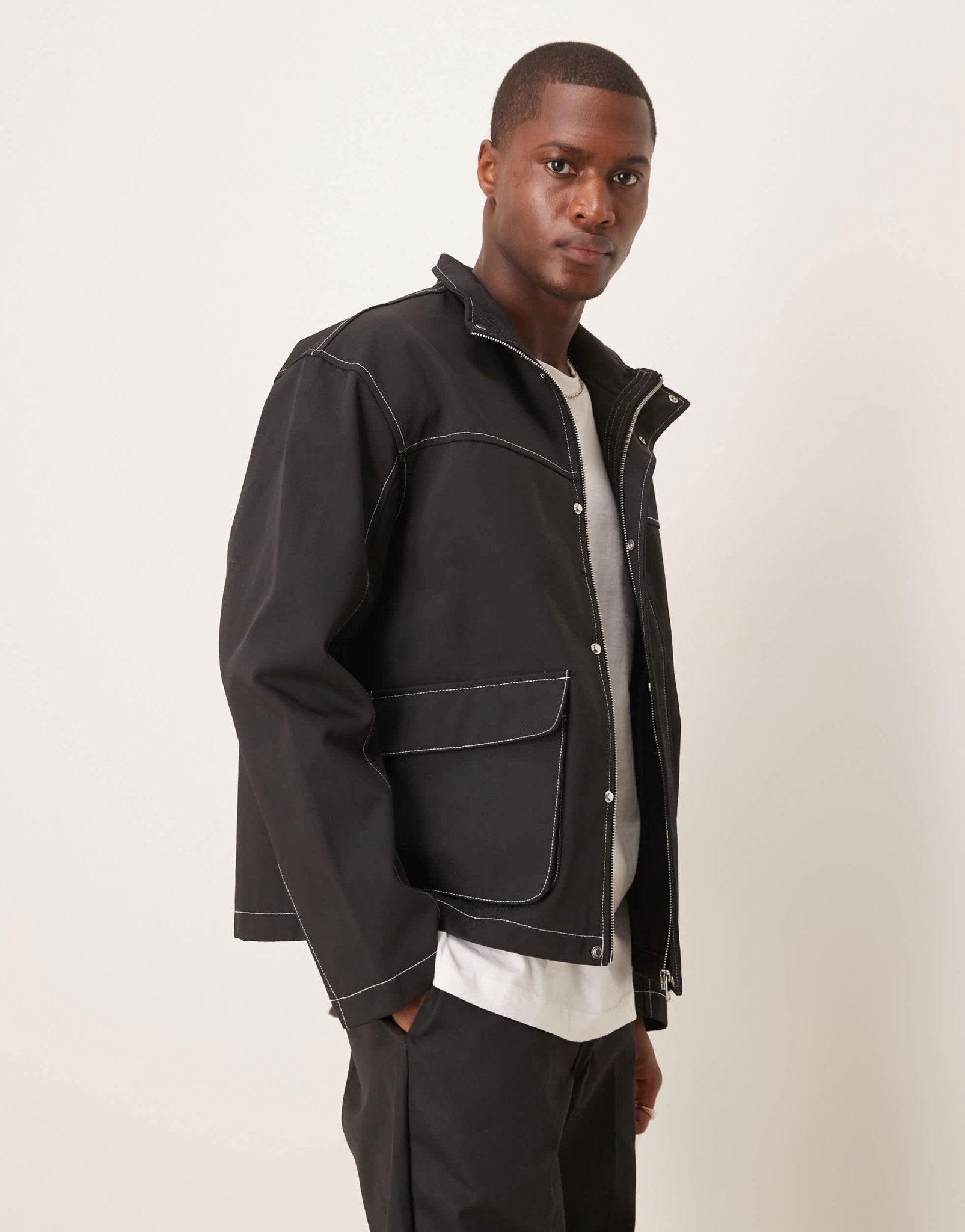 ASOS DESIGN harrington jacket with contrast stitch in black - NAVY - ASOS Sample Sale