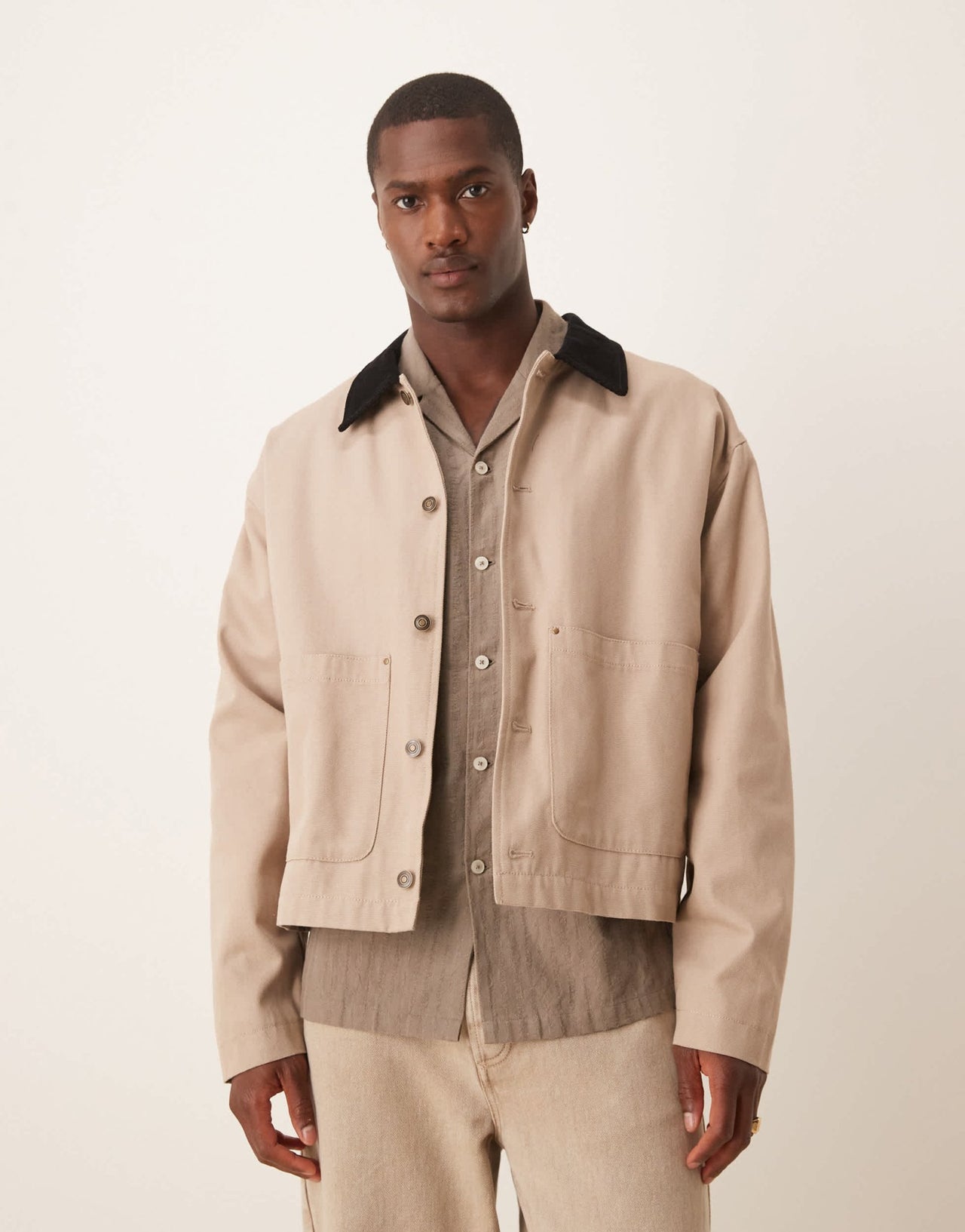ASOS DESIGN harrington jacket with cord collar in washed stone - STONE - ASOS Sample Sale