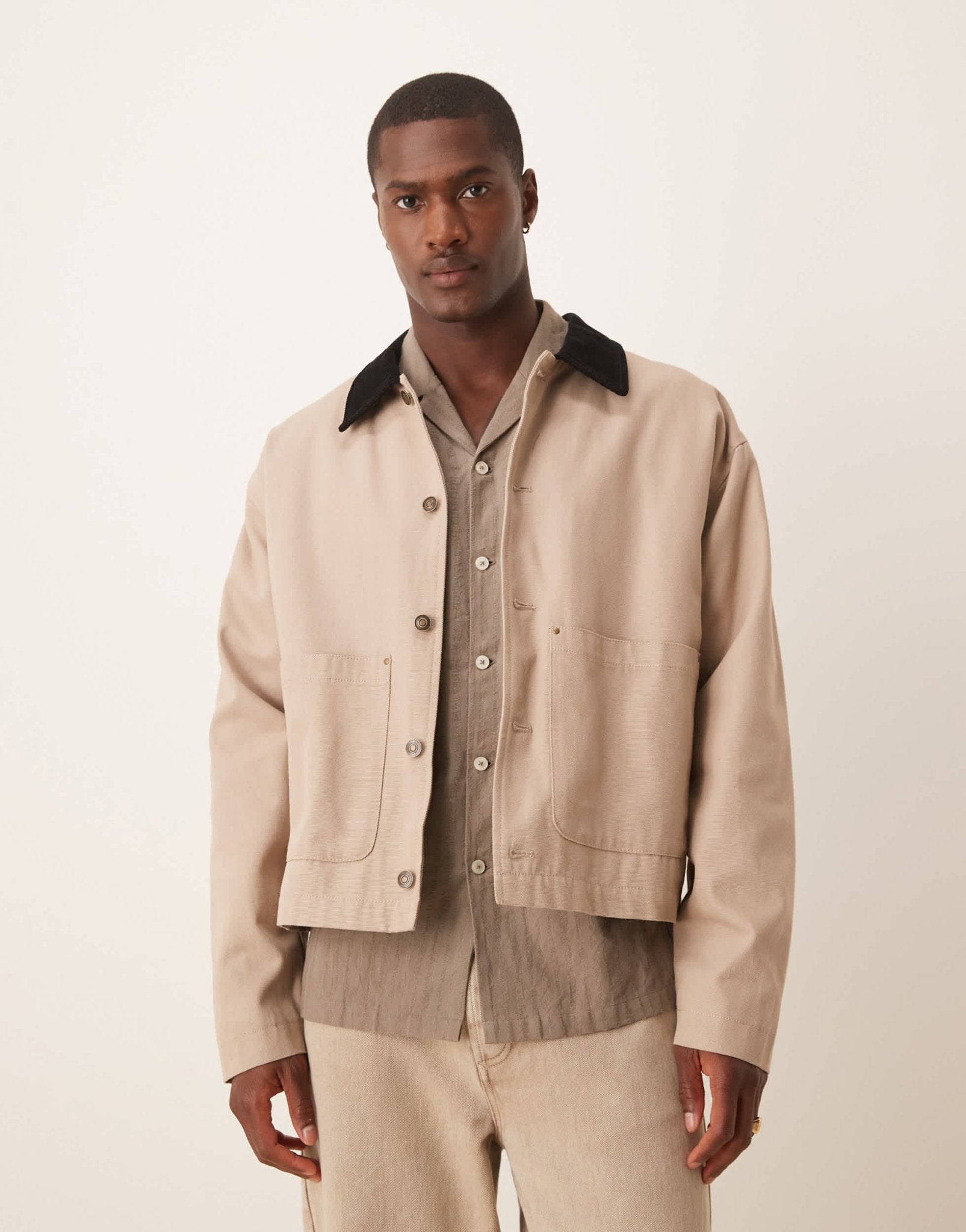 ASOS DESIGN harrington jacket with cord collar in washed stone - STONE - ASOS Sample Sale