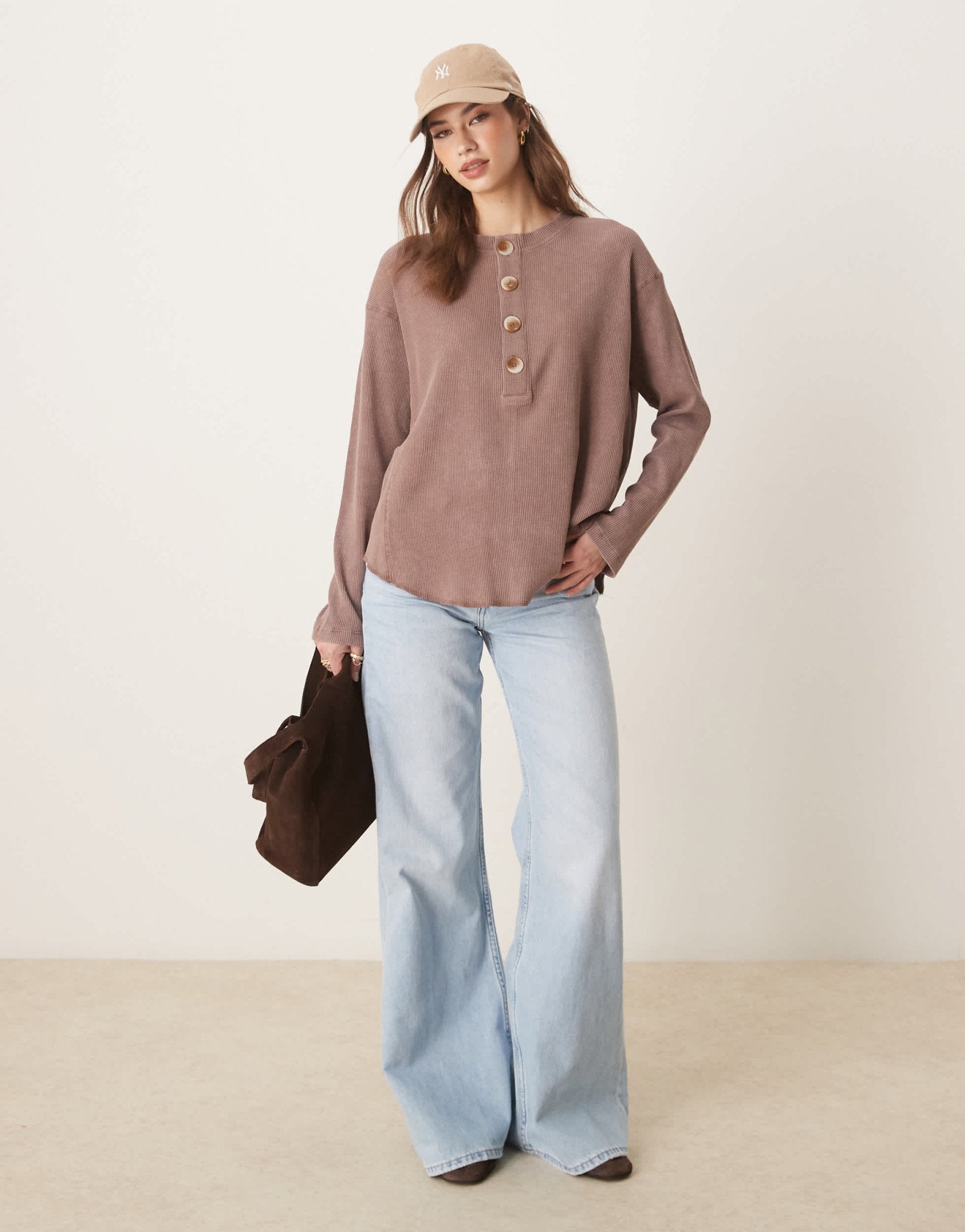 ASOS DESIGN heavy waffle long sleeve henley top in washed brown - ASOS Sample Sale