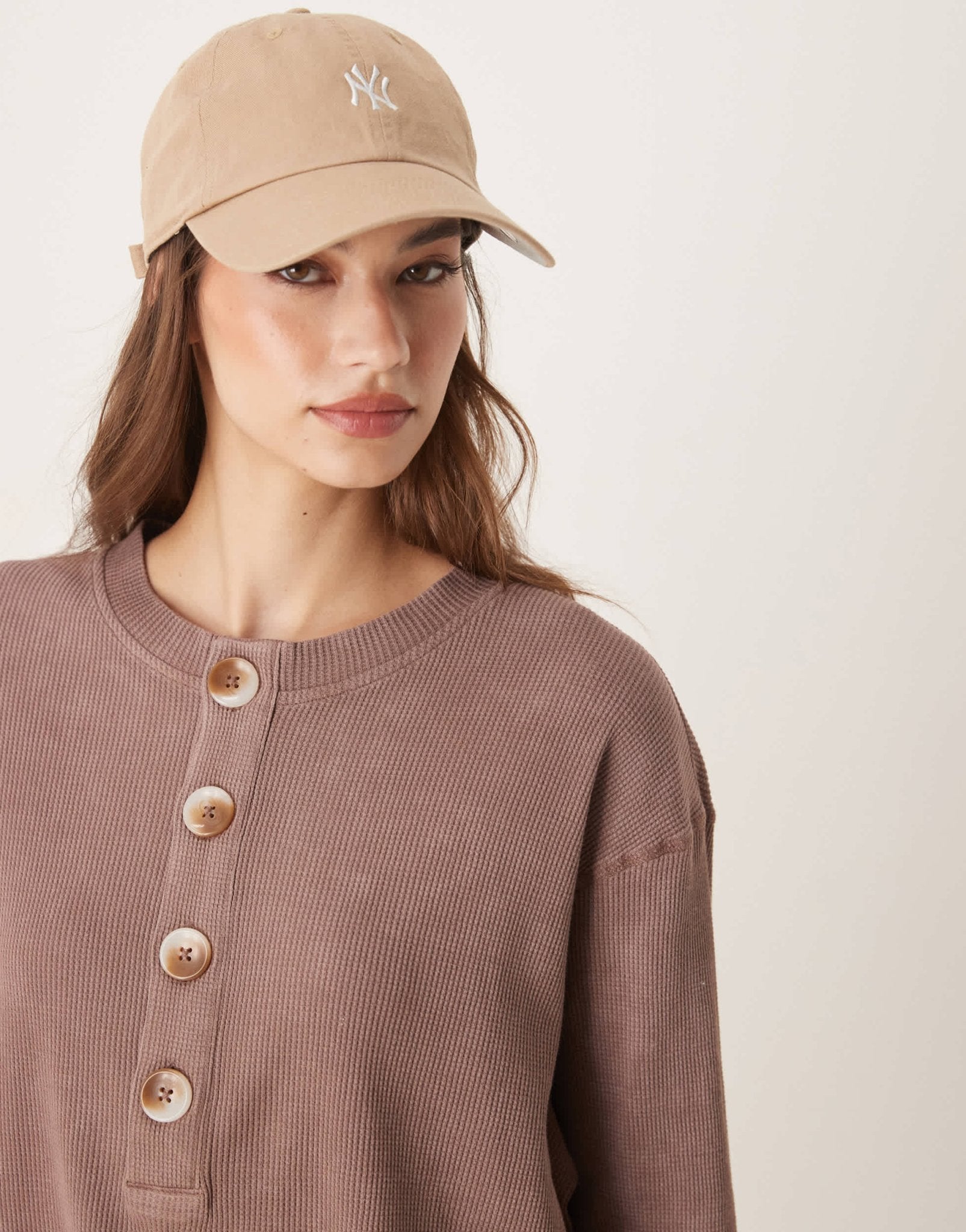 ASOS DESIGN heavy waffle long sleeve henley top in washed brown - ASOS Sample Sale