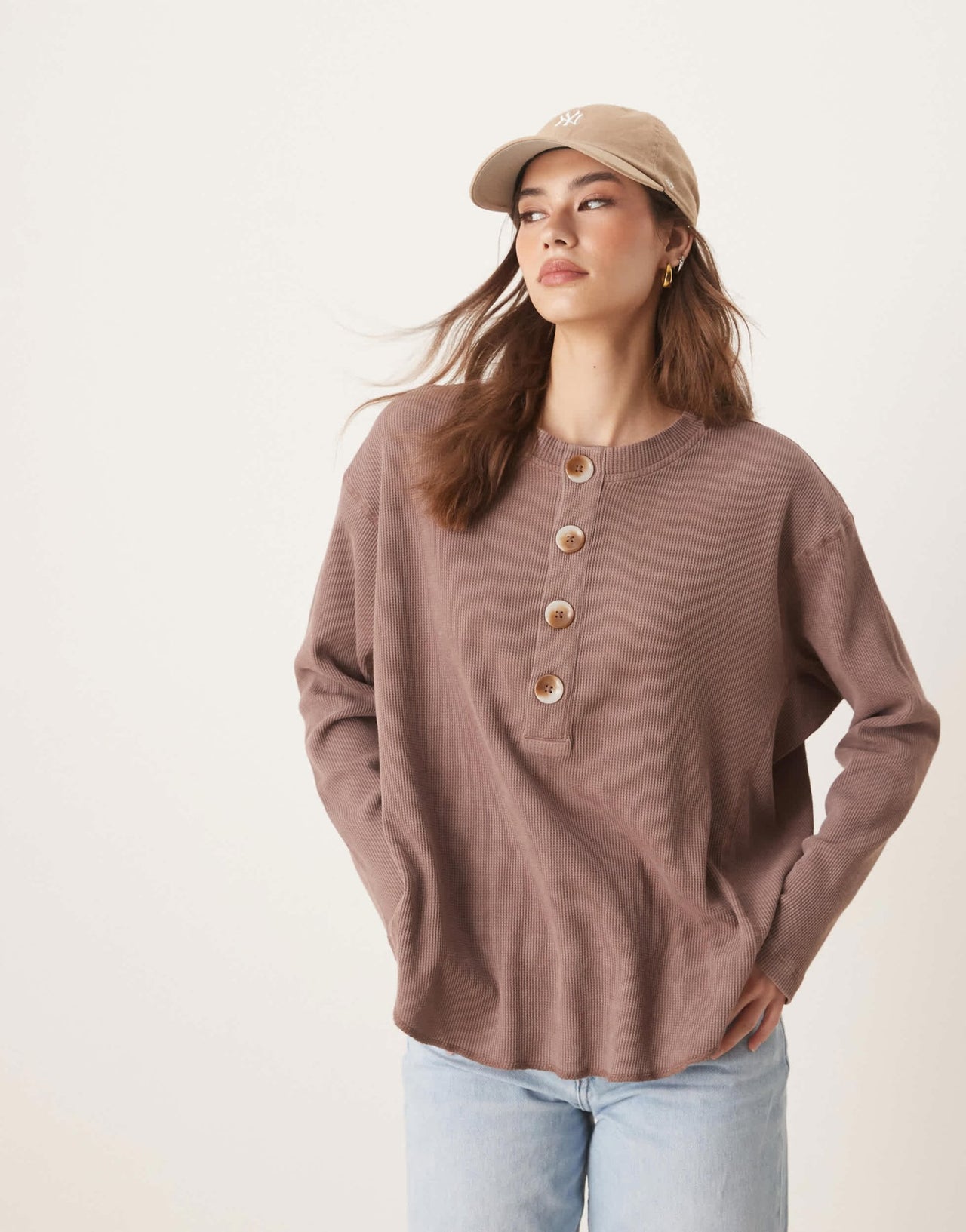 ASOS DESIGN heavy waffle long sleeve henley top in washed brown - ASOS Sample Sale