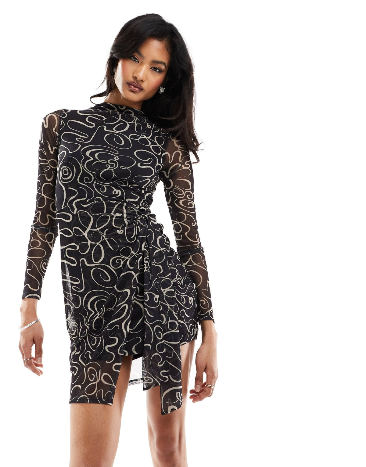 ASOS DESIGN high neck asymmetric wrap mini dress in mono swirl print - ASOS Sample Sale