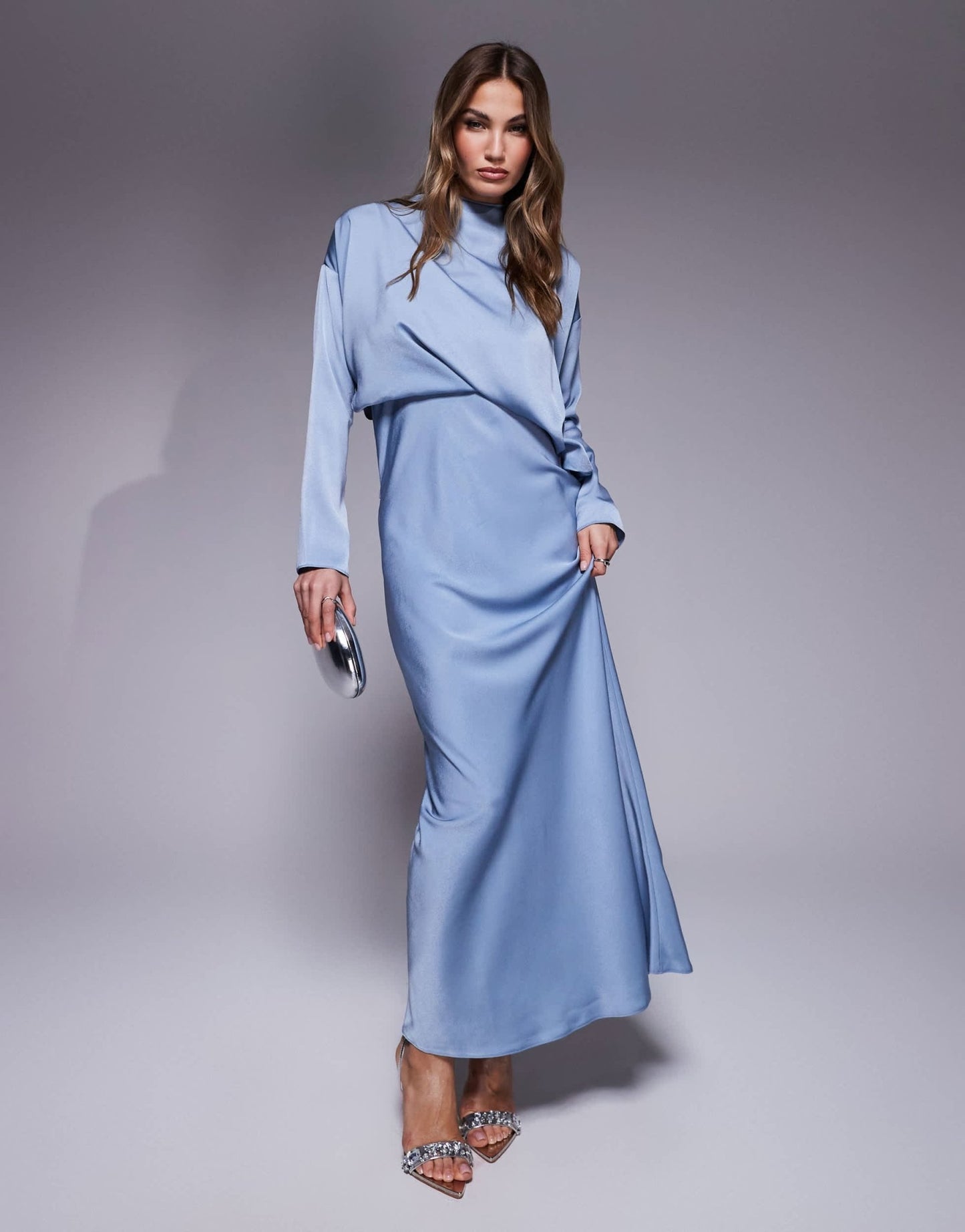 ASOS DESIGN high neck bias satin maxi dress with sleeve detail in blue - ASOS Sample Sale