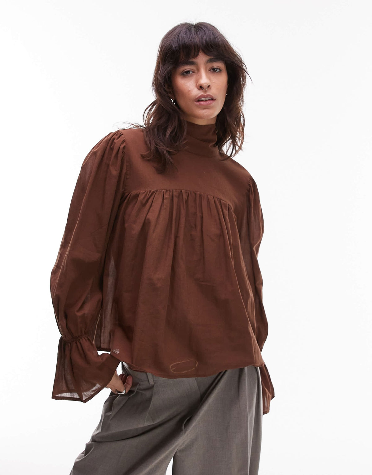 ASOS DESIGN high neck blouson sleeve blouse in chocolate - ASOS Sample Sale