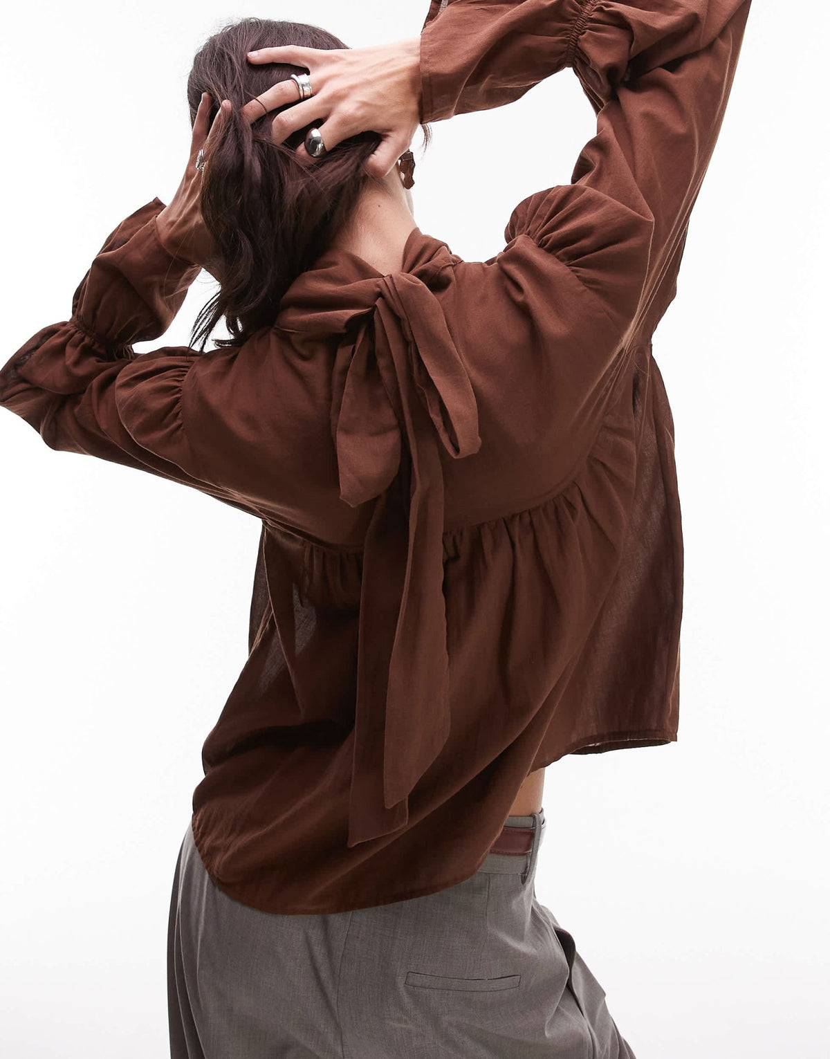 ASOS DESIGN high neck blouson sleeve blouse in chocolate - ASOS Sample Sale