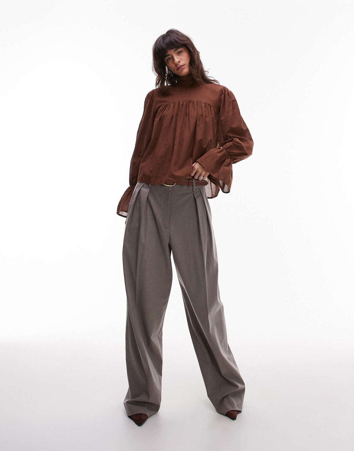 ASOS DESIGN high neck blouson sleeve blouse in chocolate - ASOS Sample Sale