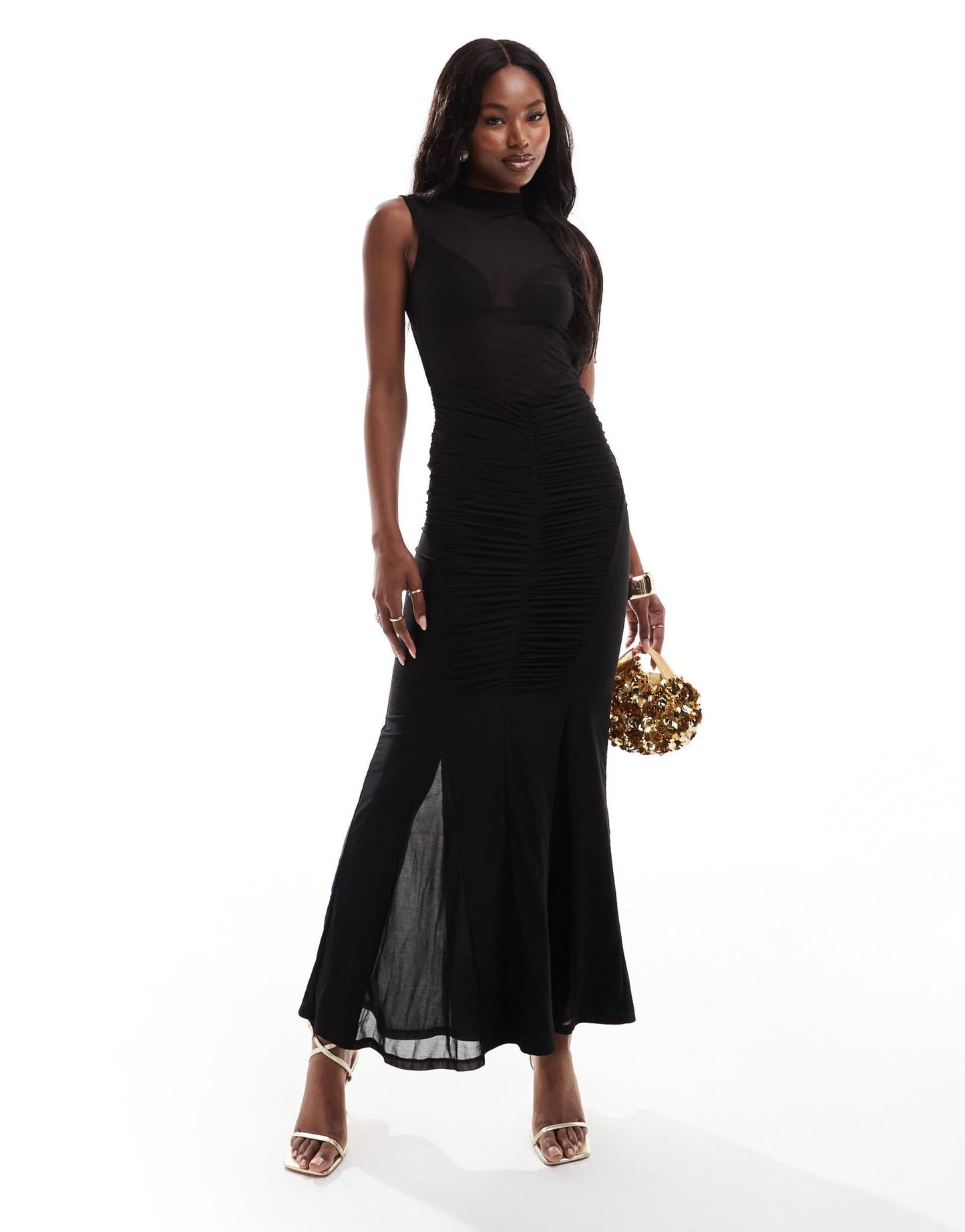 ASOS DESIGN high neck bra detail mesh maxi dress with super ruched skirt in black - ASOS Sample Sale
