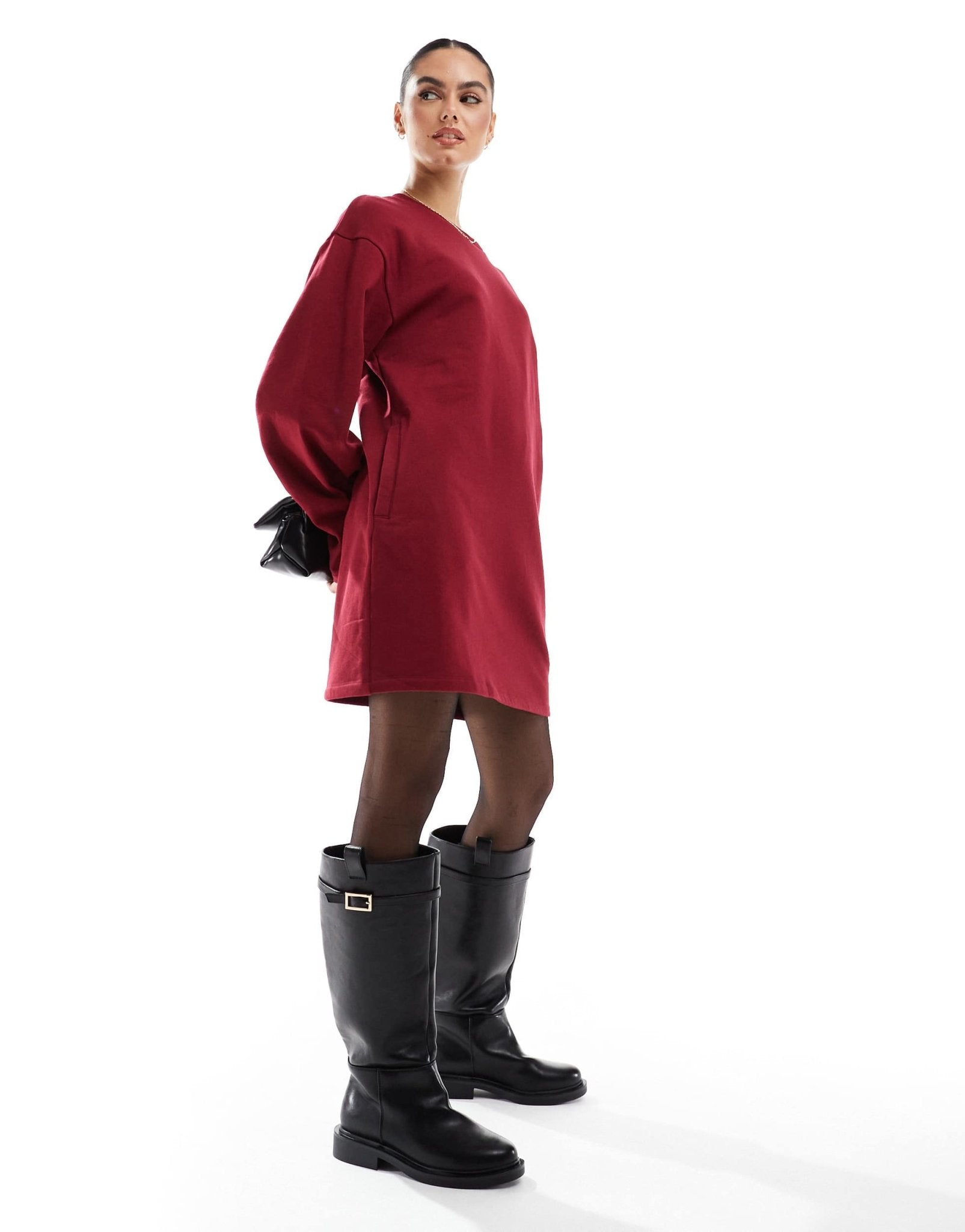 ASOS DESIGN high neck cocoon sleeve sweat mini dress in burgundy - ASOS Sample Sale