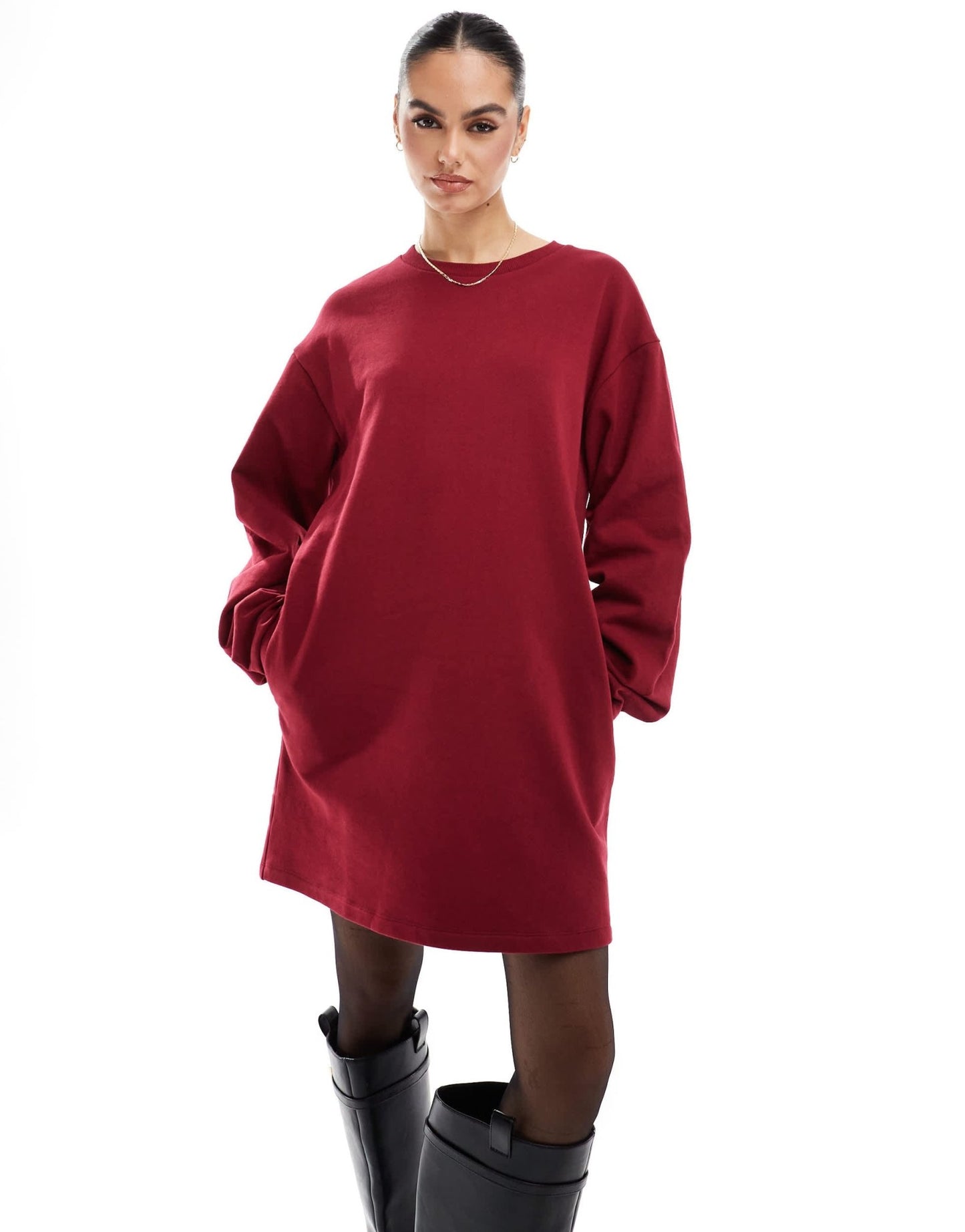 ASOS DESIGN high neck cocoon sleeve sweat mini dress in burgundy - ASOS Sample Sale