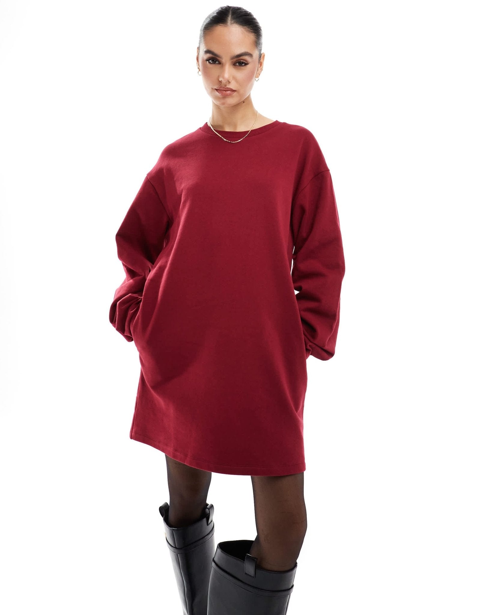 ASOS DESIGN high neck cocoon sleeve sweat mini dress in burgundy - ASOS Sample Sale