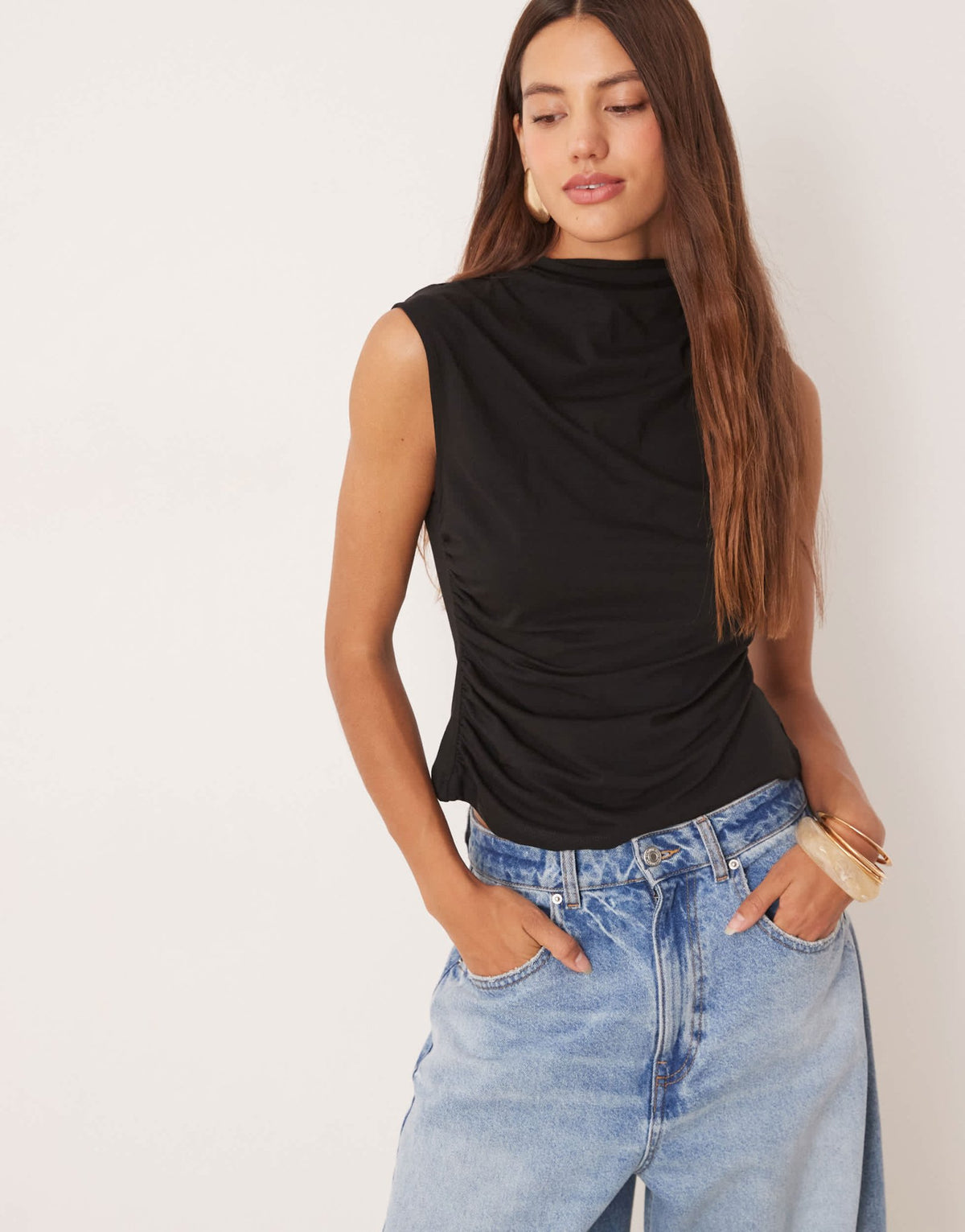 ASOS DESIGN high neck drape top with cinched waist in black - ASOS Sample Sale