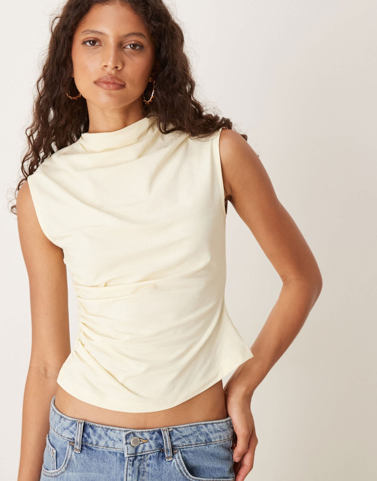 ASOS DESIGN high neck drape top with cinched waist in buttermilk - ASOS Sample Sale