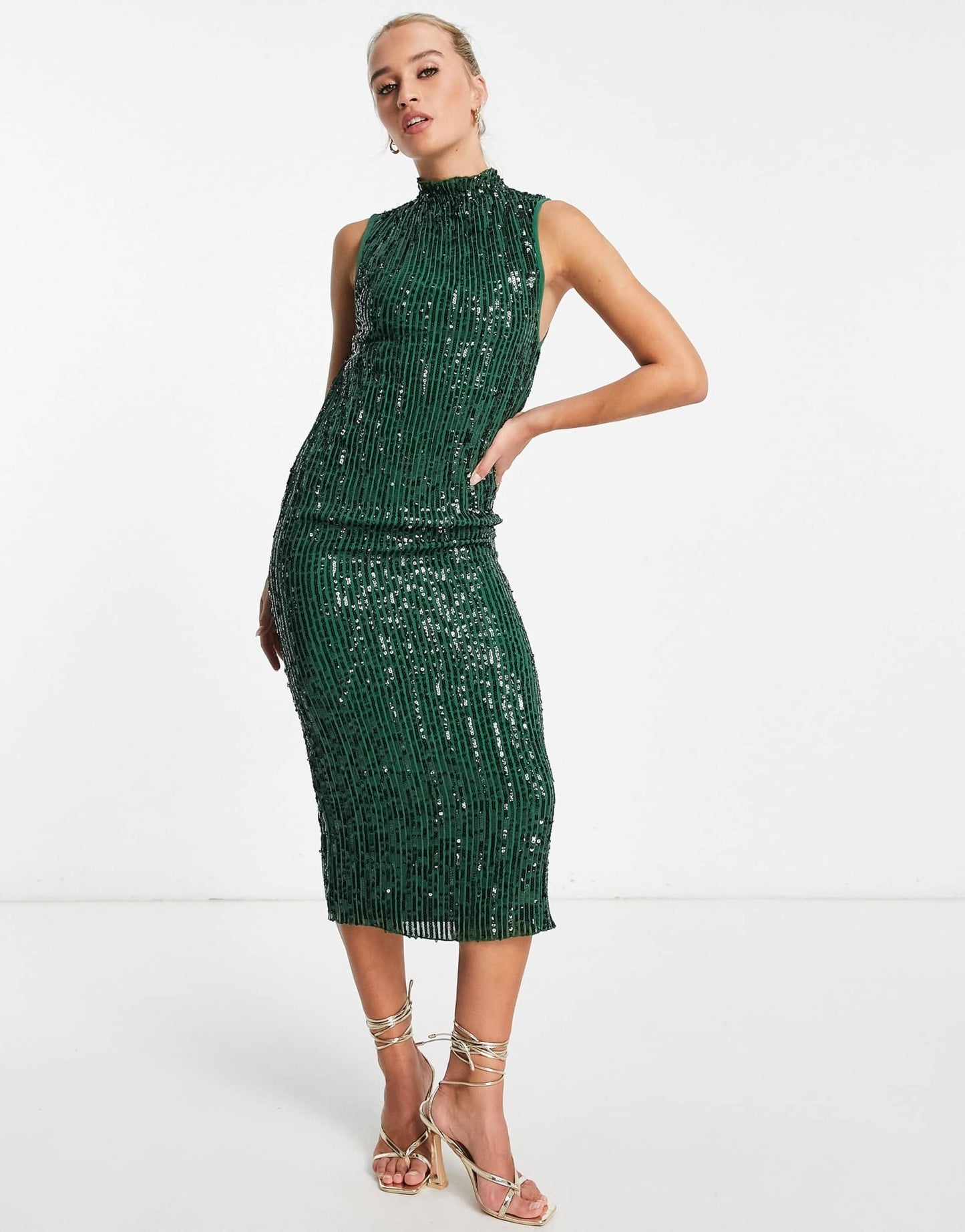 ASOS DESIGN high neck embellished midi dress in plisse sequin in forest green - ASOS Sample Sale