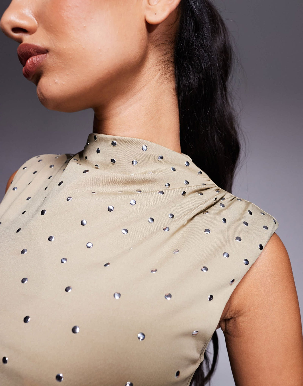 ASOS DESIGN high neck hotfix stud bodysuit in light khaki - ASOS Sample Sale