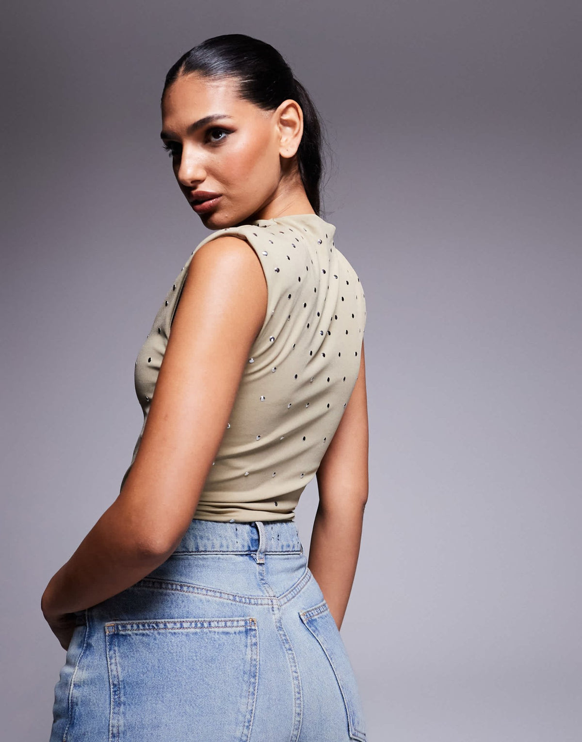 ASOS DESIGN high neck hotfix stud bodysuit in light khaki - ASOS Sample Sale