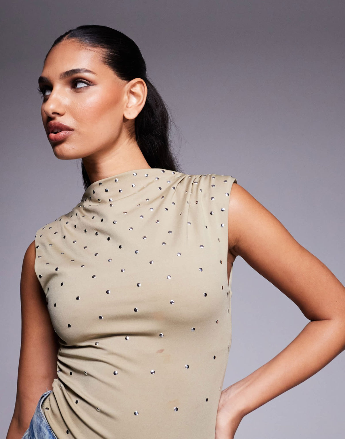 ASOS DESIGN high neck hotfix stud bodysuit in light khaki - ASOS Sample Sale