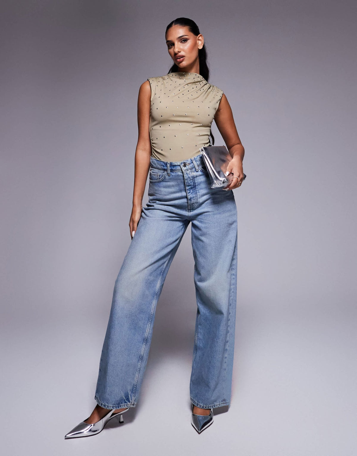 ASOS DESIGN high neck hotfix stud bodysuit in light khaki - ASOS Sample Sale