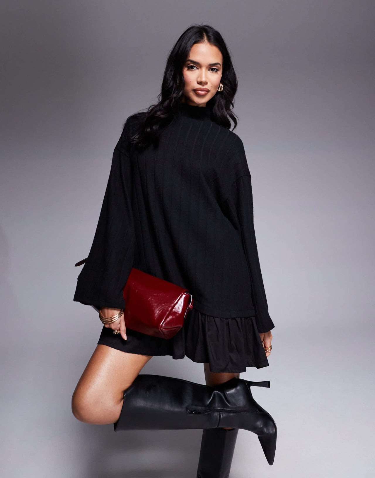 ASOS DESIGN high neck jumper with poplin mini dress skirt in black - BLACK - ASOS Sample Sale
