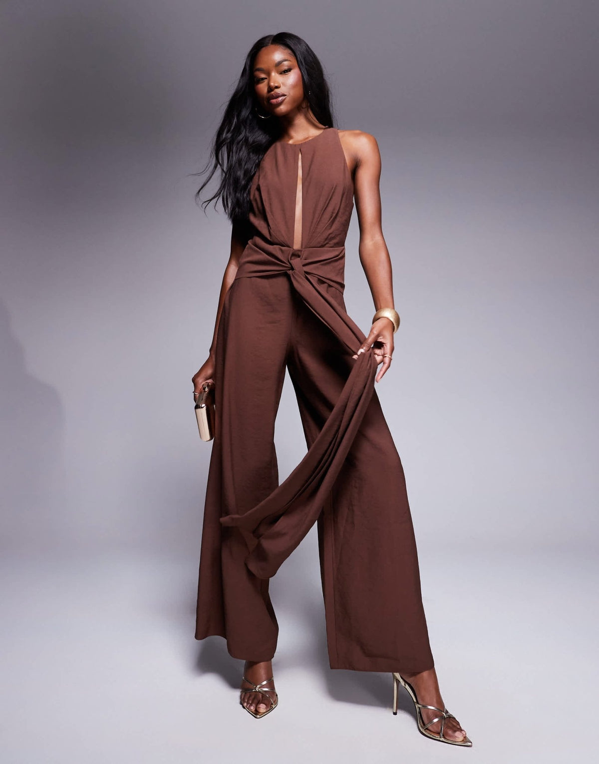 ASOS DESIGN high neck jumpsuit with tie detail in chocolate - ASOS Sample Sale