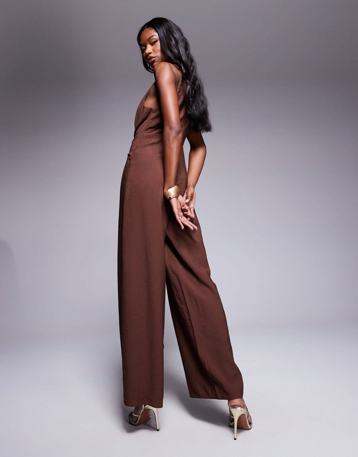 ASOS DESIGN high neck jumpsuit with tie detail in chocolate - ASOS Sample Sale