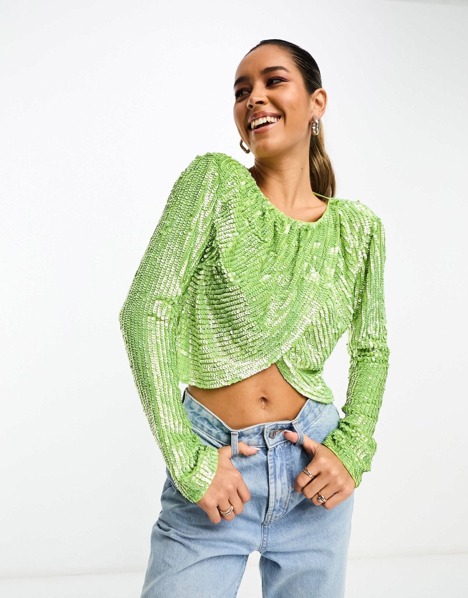 ASOS DESIGN high neck long sleeve embellished top with split hem & open back in bright green - ASOS Sample Sale
