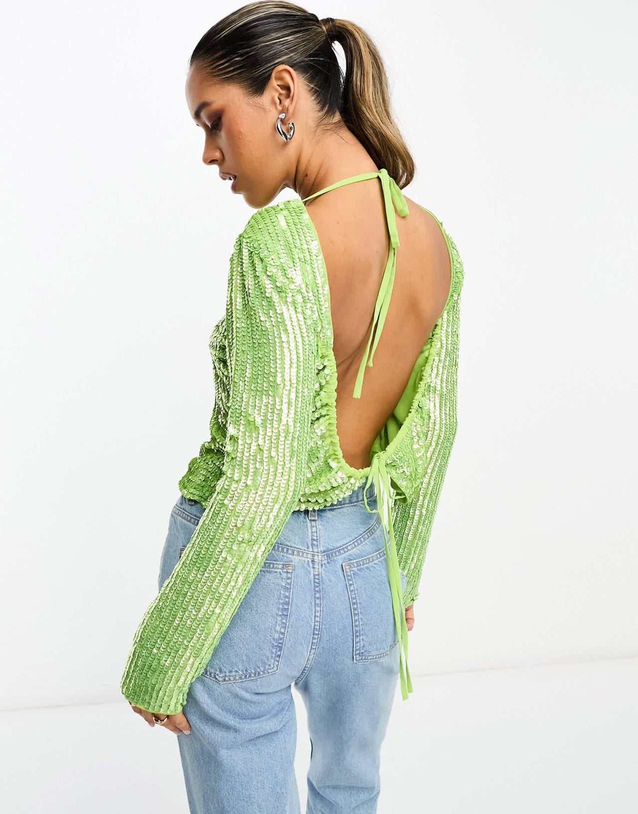 ASOS DESIGN high neck long sleeve embellished top with split hem & open back in bright green - ASOS Sample Sale