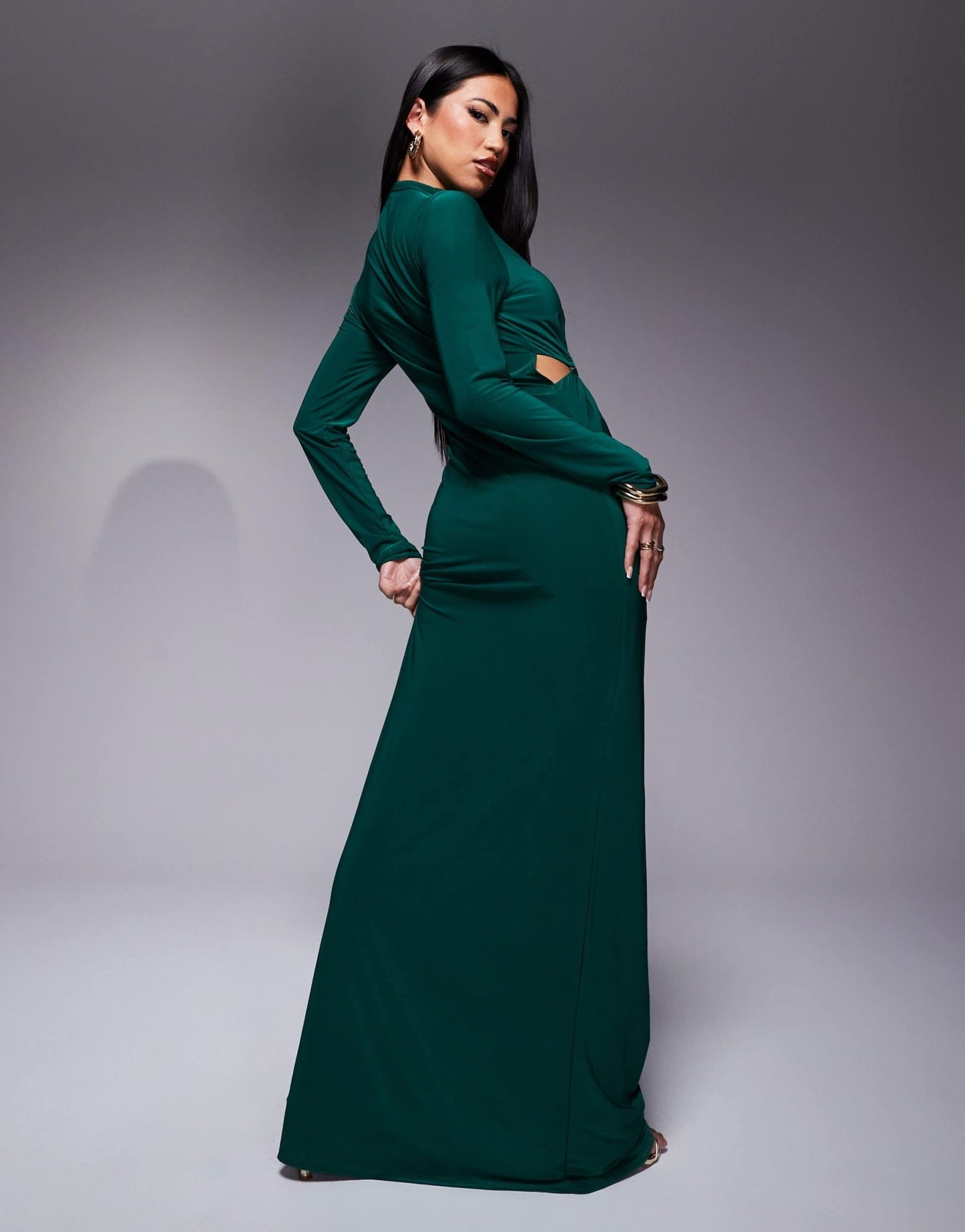 ASOS DESIGN high neck long sleeve maxi dress with oversized gold trim in bottle green - ASOS Sample Sale